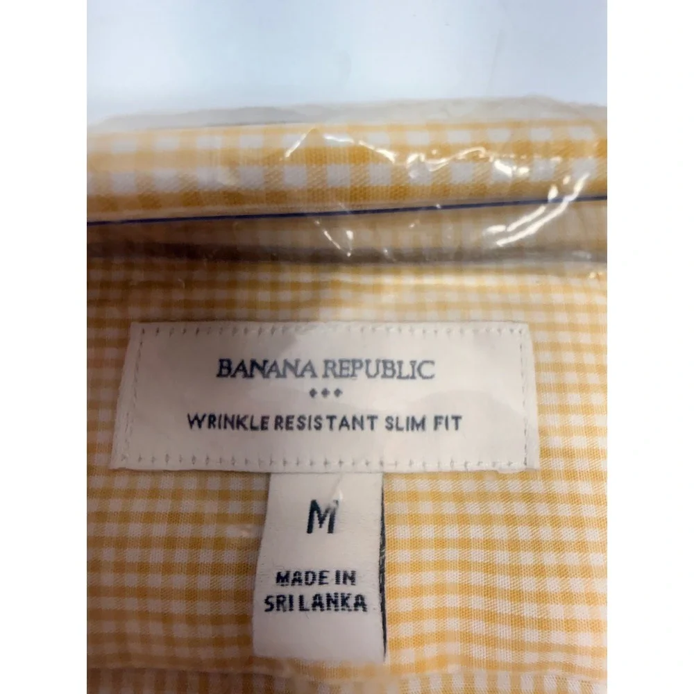 Banana Republic Mens Slim Fit Wrinkle Resistant Gingham Dress Shirt Yellow M